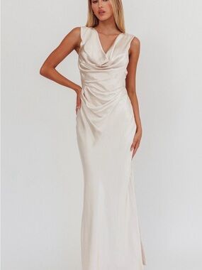 Selfie Leslie Ivory Satin Cowl Neck Maxi Dress
